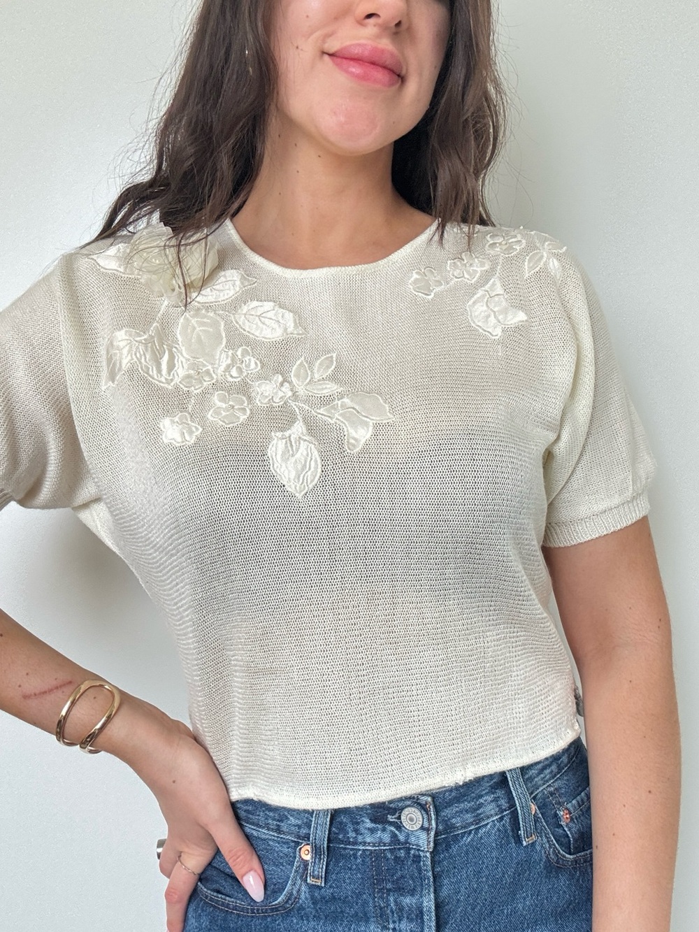 Vintage Cottagecore Cream Embroidered Knit Top Floral Coquette